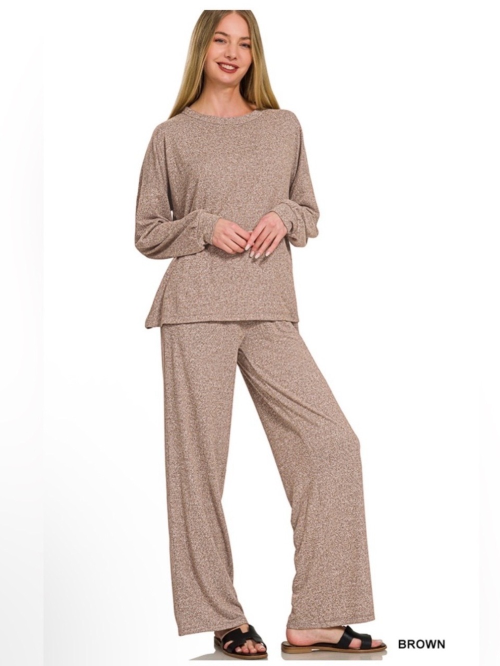 Zenana Outfitters Relaxed Two-Piece Hacci Loungewear Set - Brown